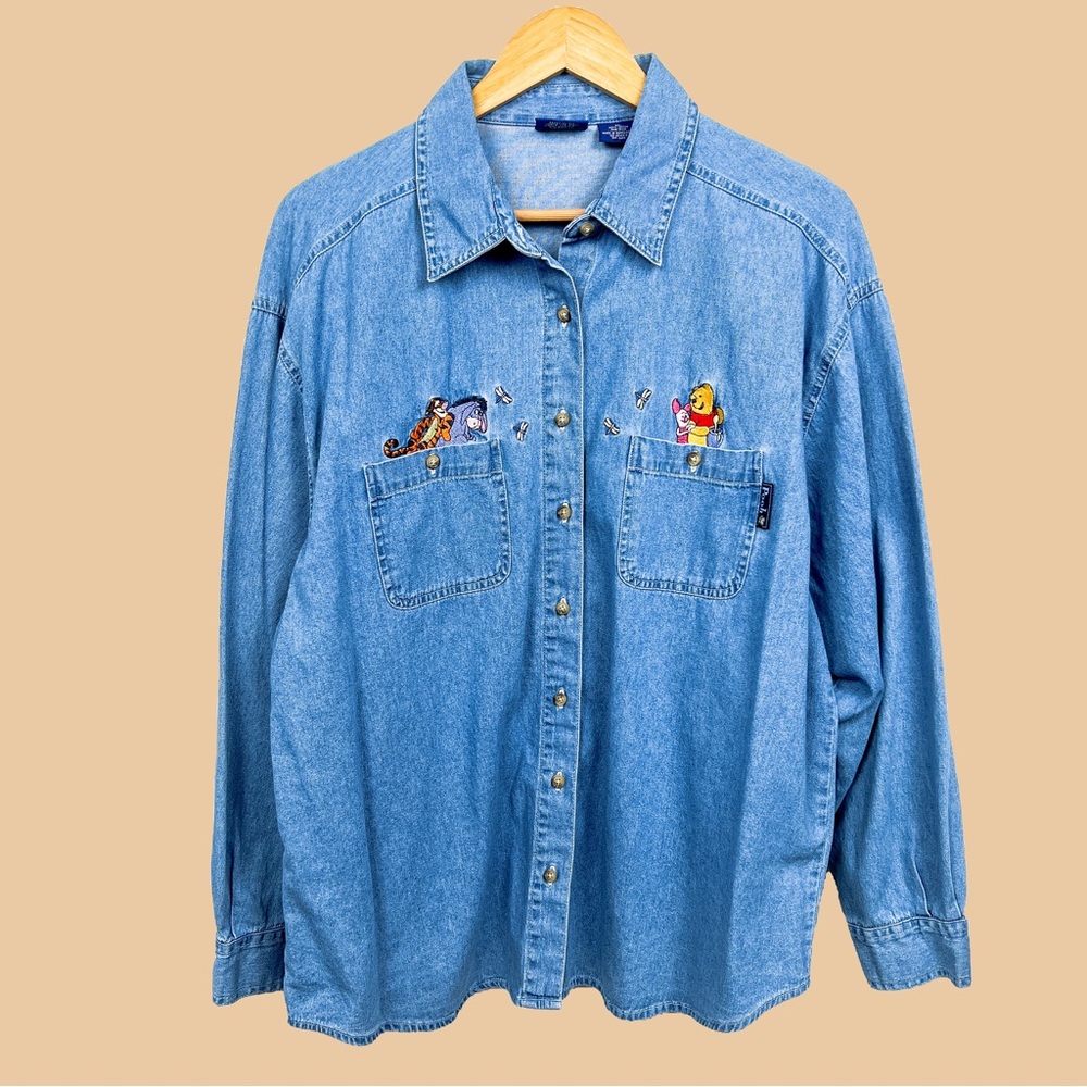 Vintage 90s Winnie The Pooh embroidered denim button down shirt XL 100% cotton